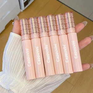 Handheld group of six pink glossy lip glazes with bear pattern on transparent caps