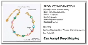 Detailed size specifications for colorful evil eye beads on gold stainless steel chain