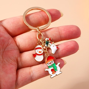 Detailed close-up of golden keychain with snowman and Christmas stocking charms