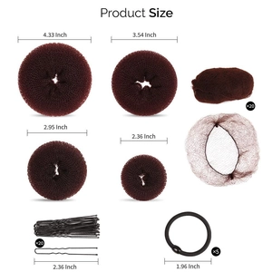 Hair styling set with 4 brown donut bun makers, hairpins, and ties with size labels