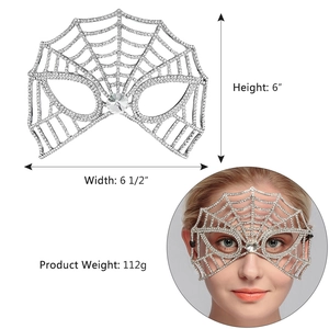 Silver bridal spider web rhinestone mask for wedding party featuring a large center crystal