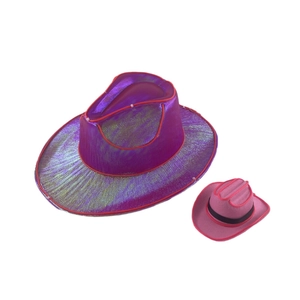 Detail of purple and pink holographic LED cowboy hats with red EL wire lighting accents