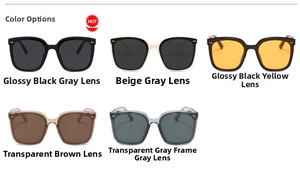 Matrix display of five square oversized sunglasses in various color combinations and tints