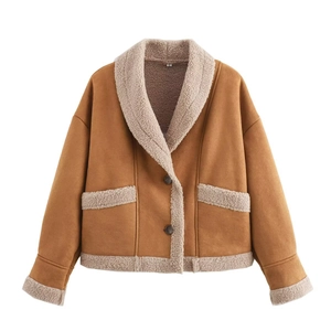 Women's faux suede shearling jacket with broad collar and double-breasted buttons