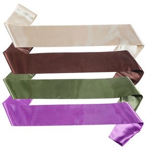 Satin ribbons in champagne, brown, olive green, and purple with a glossy finish