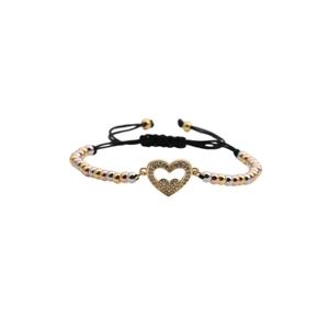 Bracelet cordon réglable avec pendentif coeur en zircone et perles tricolores