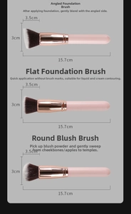 Three-piece makeup brush set with flat, round, and angled heads for foundation and blush