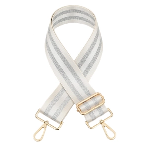 Detail of adjustable off-white bag strap with silver stripes and gold hardware