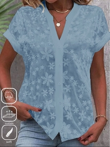 Women's blue short sleeve lace shirt with V-neck embroidery and soft cotton fabric