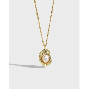 Irregular Lava Metal Wrapped Artificial Pearl Pendant Necklace 925 Sterling Silver Organic Design Minimalist Jewelry For Women