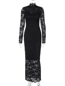 Detailed close-up of intricate black lace fabric and high neck collar of the slim fit dress