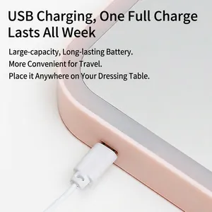 Portable LED makeup mirror in pink with USB charging cable on white background