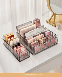 Detail of grey acrylic makeup organizer showing slots for eyeshadow palettes and lipstick
