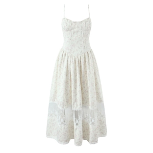 Robe Longue Fleurie Vintage Français Patchwork Dentelle Corsage Corset Bretelles Spaghetti Taille Haute Robe Été