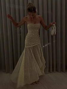 Elegant champagne gold sequin tube top mermaid evening gown for cocktail parties