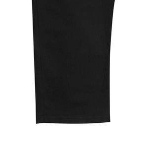 Detail of reinforced double stitching and texture on black cotton linen straight trousers