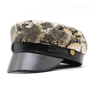 Snake Print PU Leather Newsboy Cap Vintage Flat Top Military Hat With Gold Button British Style Fashion For Women