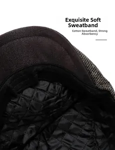 Detail of warm quilted lining and soft cotton sweatband inside the retro newsboy hat