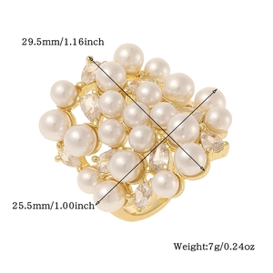 Detailed size chart showing dimensions of the gold ring with pearls and zircons
