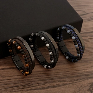 Multilayer Woven Leather Bracelet Natural Stone Beads Stainless Steel Magnetic Clasp Vintage Casual Men Jewelry Charm