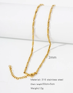Detailed 316 stainless steel 18k gold plated chain with lobster clasp and length specs
