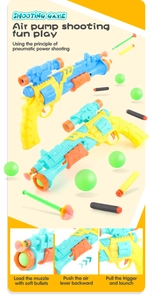 Pistola pneumatica tre-in-uno che mostra le fasi di caricamento e tiro del gioco