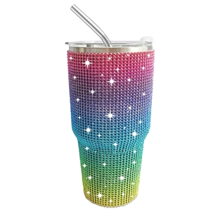 Bling Rhinestone Stainless Steel Vacuum Insulated Tumbler With Straw Car Coffee Travel Mug Leopard Print Thermos Flask Cup