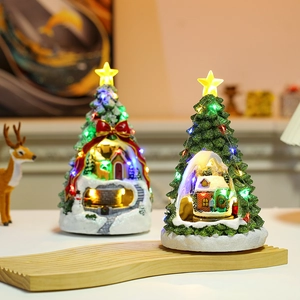 Lighted musical Christmas tree miniatures with cozy snow village and LED star topper