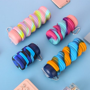 Collapsible camo silicone water bottles with carabiner for outdoor hiking and sports