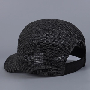 Detail of black breathable mesh knit baseball cap with high ponytail hole design