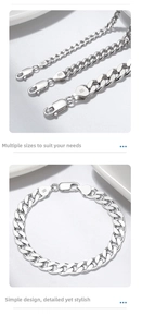 Close-up of S925 sterling silver Cuban link bracelets featuring Italy engraved lobster clasps