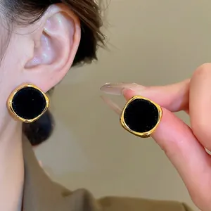 Retro geometric square flocking earrings with golden metal frame for women fashion