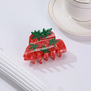 Cute strawberry hair claw clip in red and green resin for elegant women hairstyles