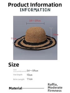 Size chart for wide brim raffia straw sun hat with stripe pattern and 11cm brim width