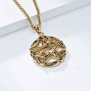 Collier pentagramme serpent vintage en acier titane avec pendentif étoile dorée de luxe