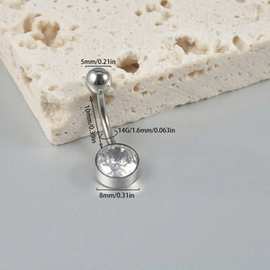 Silver stainless steel belly button ring featuring clear round heart-cut cubic zirconia
