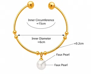 Detailed view of golden cuff bracelet with single pearl charm and specific dimensions