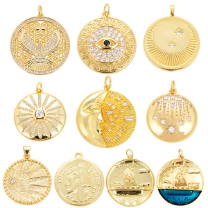 Retro gold circular pendants with zircon inlays featuring sun, moon, and star patterns