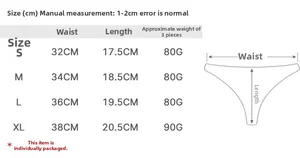 Size chart for low waist thongs showing measurements for S, M, L, XL in centimeters
