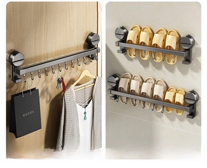 Wall-mounted suction cup rack with hooks for door and bathroom slipper storage