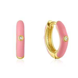 Elegant gold-tone hoop earrings with pink enamel coating and sparkling centered crystal