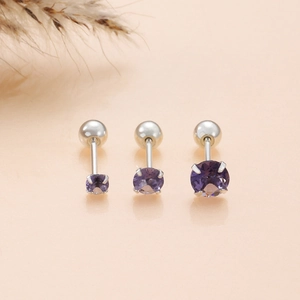 Three-piece purple zircon screw back earrings in surgical steel for minimalist ear piercing
