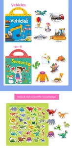 Detailed view of reusable children sticker books featuring transport and dinosaur themes