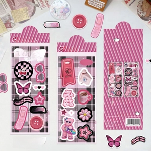 Detailed view of Y2K style pink and black PET decorative stickers with cherry and butterfly icons