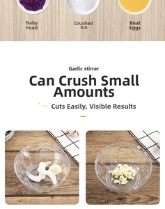 Detail of manual food chopper with sharp blades processing small amounts of garlic and ice