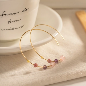 Stainless Steel Hoop Earrings With Colorful Beads Geometric C Shape INS Style Fashion Jewelry For Women