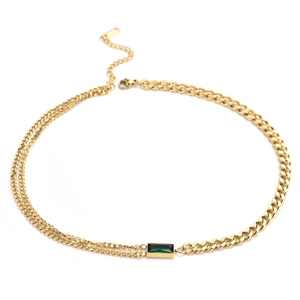 Golden double-layer titanium necklace with cuban chain and rectangular green gemstone