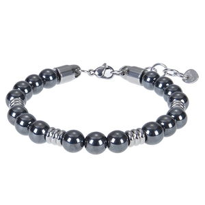 Detail of stainless steel beaded bracelet with S.Steel tag and lobster clasp closure