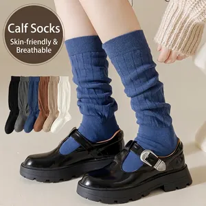 Chaussettes Plissées Femmes Tricot Côtelé Mélange Coton Mi-Mollet Style Japonais Doux Respirant Couleur Unie Accessoire Décontracté
