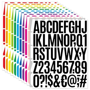 Macro shot of 2-inch colorful alphabet and number stickers in 10 bold colors for planners